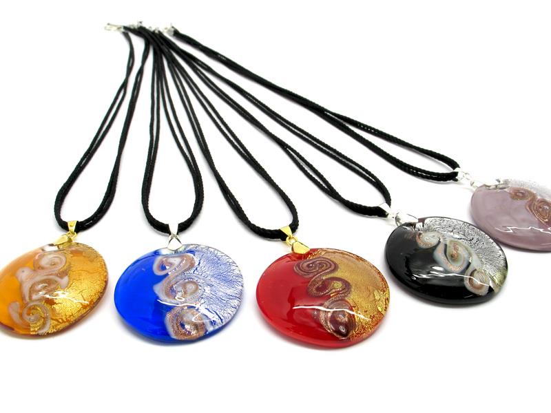 Necklaces Murano Glass, in curved round shape, 40 mm in diameter ( COLV0317 ) available in 5 colour, made entirely handmade by Murano master glass-makers with the lampwork technique, from Murano - Italy, with silver 925 and gold 24kt foil insertions and Avventurina Glass, and cotton cord double wire in black color (50 cm)
