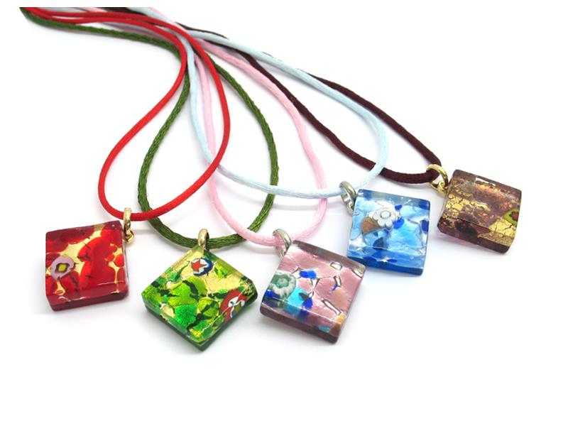 Murano Glass diagonal Pendants, 20x20 mm ( PEMG02 ) available in 11 different colours, made entirely handmade by Murano master glass-makers with the glass sheet technique, and silver 925 and gold 24 kt insertions, with cotton cord in assorted colours (45 cm)