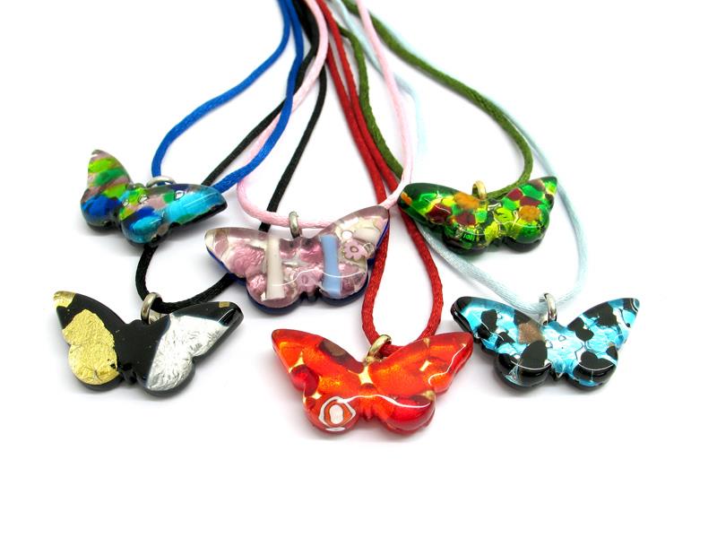Murano Glass butterfly Pendant, 35x18  mm ( PEMG0113 ) available in 11 different colours, made entirely handmade by Murano master glass-makers with the glass sheet technique, and silver 925 and gold 24 kt insertions, with cotton cord in assorted colours (45 cm)