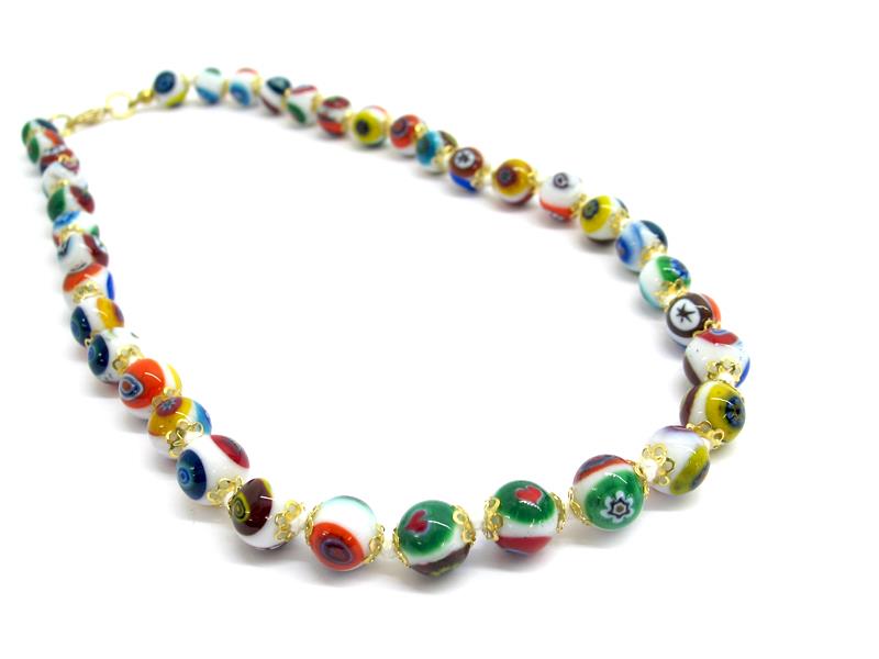 Murano Glass bead Necklace, made with beads 12 mm in diameter ( COLPE0101 ) available in 4 colour, made entirely handmade by Murano master glass-makers with the lampwork technique, from Murano -  Italy, with Murrina and Millefiori insertions, 45 cm long.