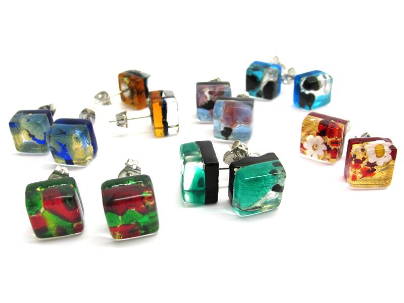 Murano Glass square Earrings, 10x10 mm ( OREQ01 ) available in 11 different colours, made entirely handmade by Murano master glass-makers with the glass sheet technique, and silver 925 and gold 24 kt insertions, nickel free earring hooks.