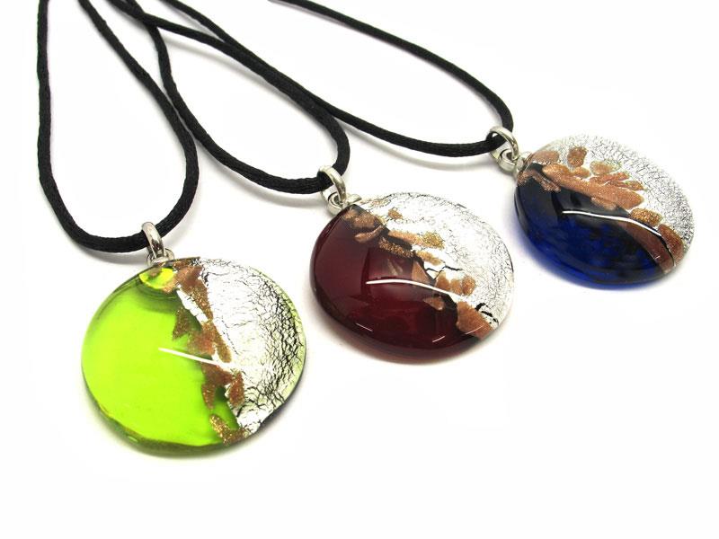 Murano Glass Necklaces, in curved shape, 40 mm in diameter ( COLV0320 ) available in 5 colour, made entirely handmade by Murano master glass-makers with the lampwork technique, from Murano - Venice, with silver 925 and gold 24kt foil insertions and Avventurina Glass, and cotton cord black color (50 cm)