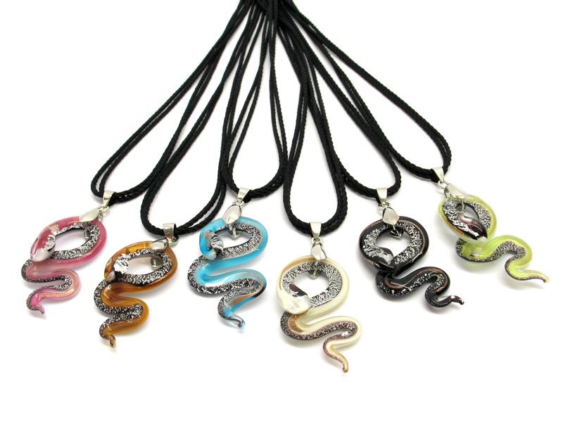 Murano Necklace snake pendant, 45x20 mm ( COLV0102 ) available in 6 colour, made entirely handmade by Murano master glass-makers with the lampwork technique, from Murano Italy, with silver and gold foil insertions, and cotton cord double wire in black color (50 cm)