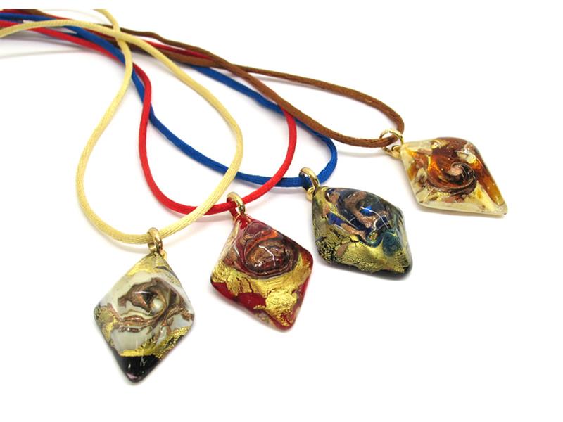 Murano Glass rumble Pendant, 35x20 mm ( COLV0218 ) available in 4 fantasy colours, made entirely handmade by Murano master glass-makers with the lampwork technique, in our factory in Murano - Italy, with silver 925 and gold 24kt foil insertions, cotton cord, combined with the color of the pendant (45 cm)