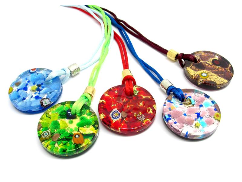 Murano Glass big round Pendants, 40 mm in diameter ( PEMG10002 ) available in 11 different colours, made entirely handmade by Murano master glass-makers with the glass sheet technique, and silver 925 and gold 24 kt insertions, with cotton cord in assorted colours (50 cm)