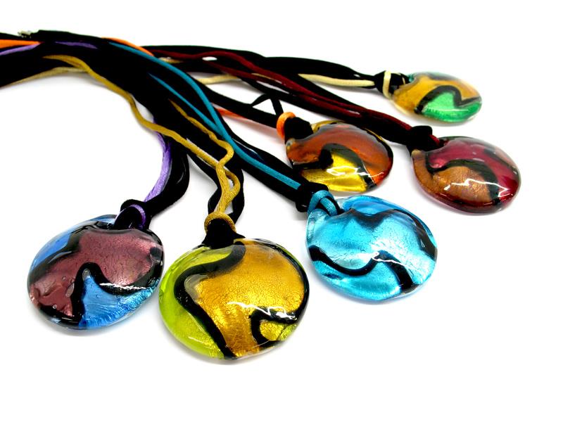 Murano Necklace fantasy colours, in round shape, 30 mm in diameter ( COLV0503 ) available in 6 colours, made entirely handmade by Murano master glass-makers with the lampwork technique, in our factory in Murano - Italy, with silver 925 and gold foil 24kt insertions, with glass basis in black color, cotton cord, combined with the color of the pendant (50 cm)