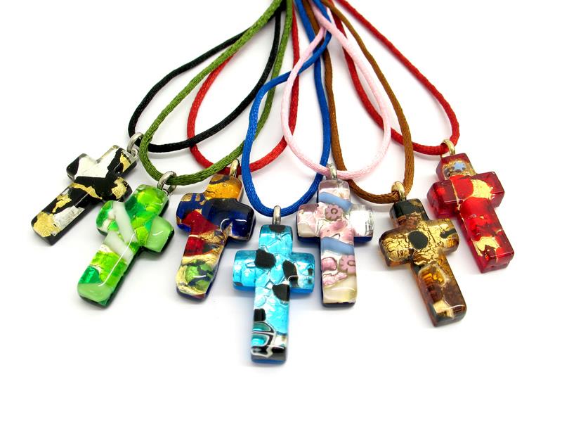 Murano Glass cross Pendant, 35x20 mm ( PEMG1101 ) available in 11 different colours, made entirely handmade by Murano master glass-makers with the glass sheet technique, and silver 925 and gold 24 kt insertions, with cotton cord in assorted colours (45 cm)