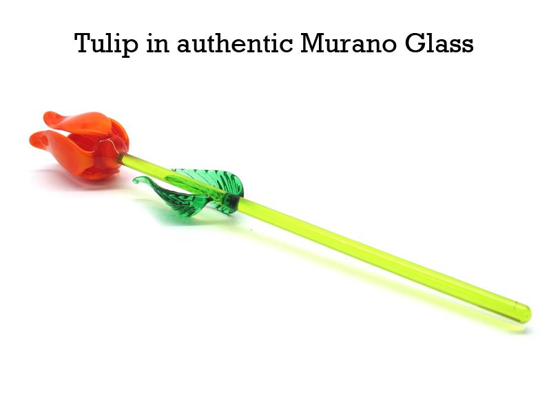 Tulip in authentic Murano Glass Mod.OGVFL  ( Long. 20 cm )  Flower Diam.25 mm, available in 3 assorted Colours, entirely handmade by Murano master glass-makers with the lampwork technique, in our Factory in Murano - Italy.